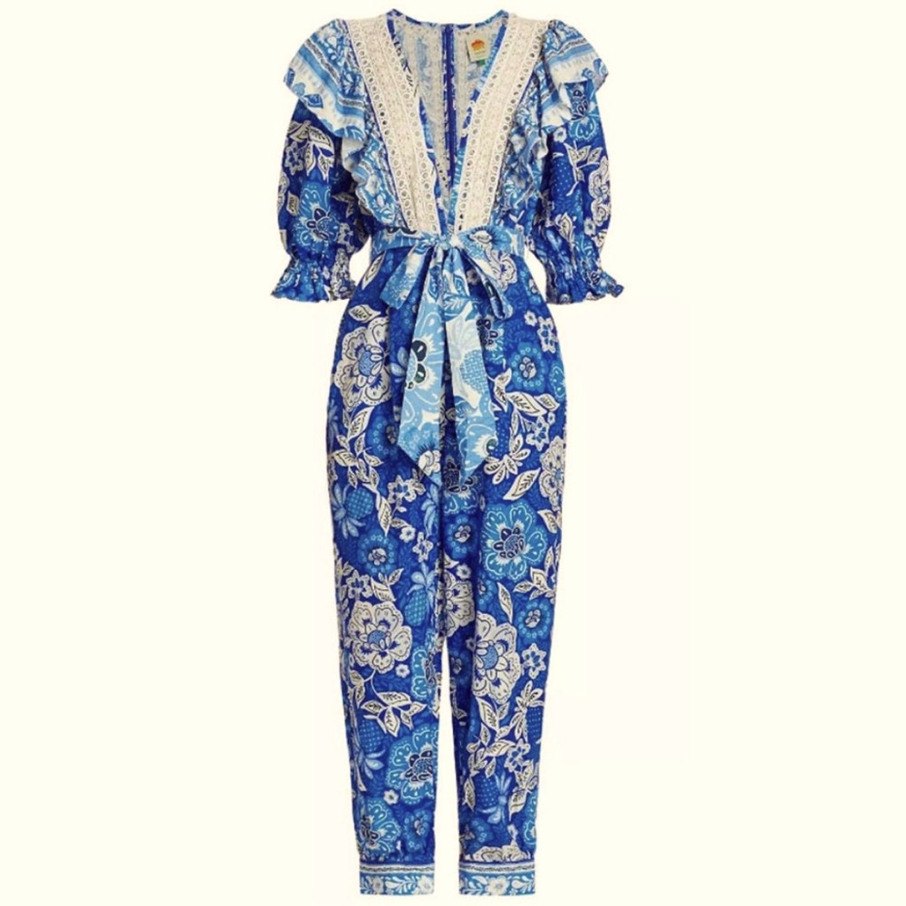 Farm Rio Blue Full of Flowers Linen Floral Belted Jumpsuit Size XS